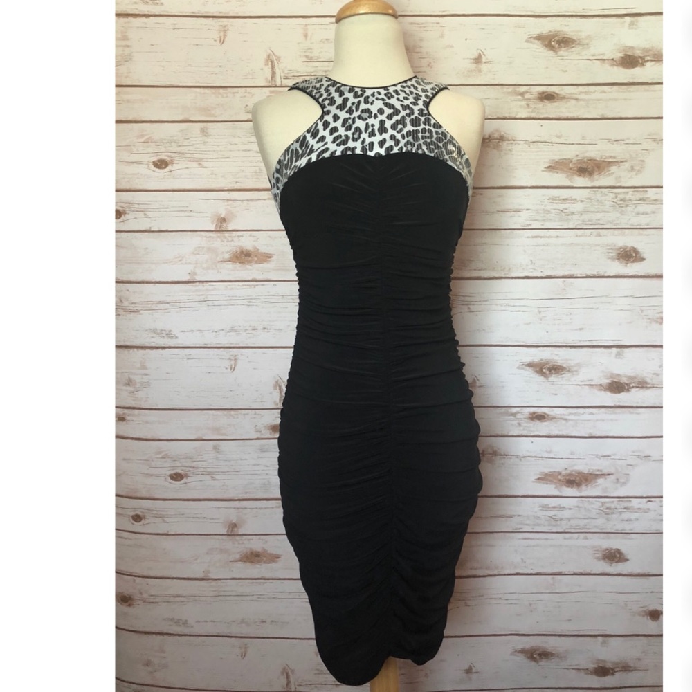 Cache Ruched Leopard Sequin Dress Size 0